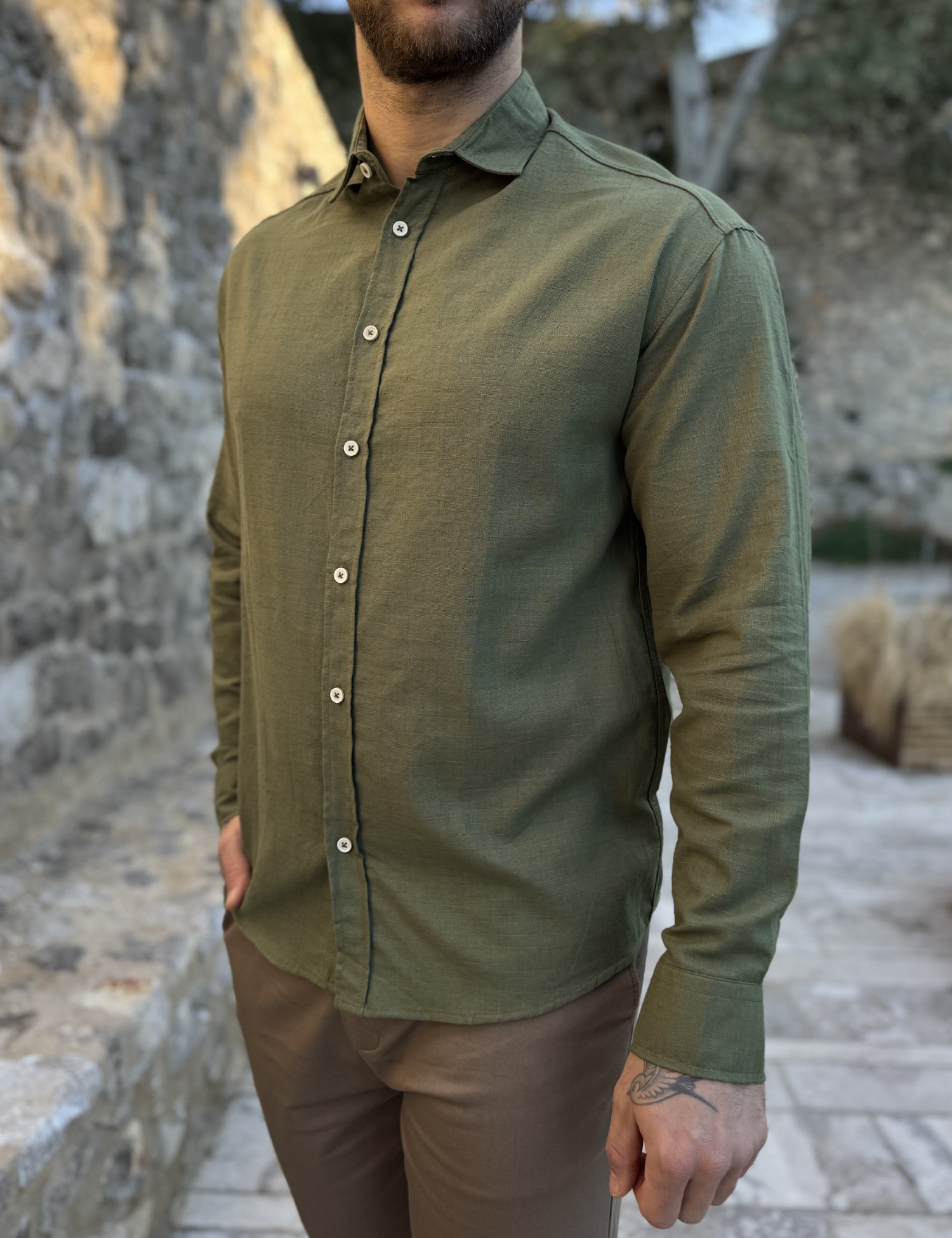 Ανδρικό χακί μακρυμάνικο πουκάμισο RMZ19140X φωτογραφία